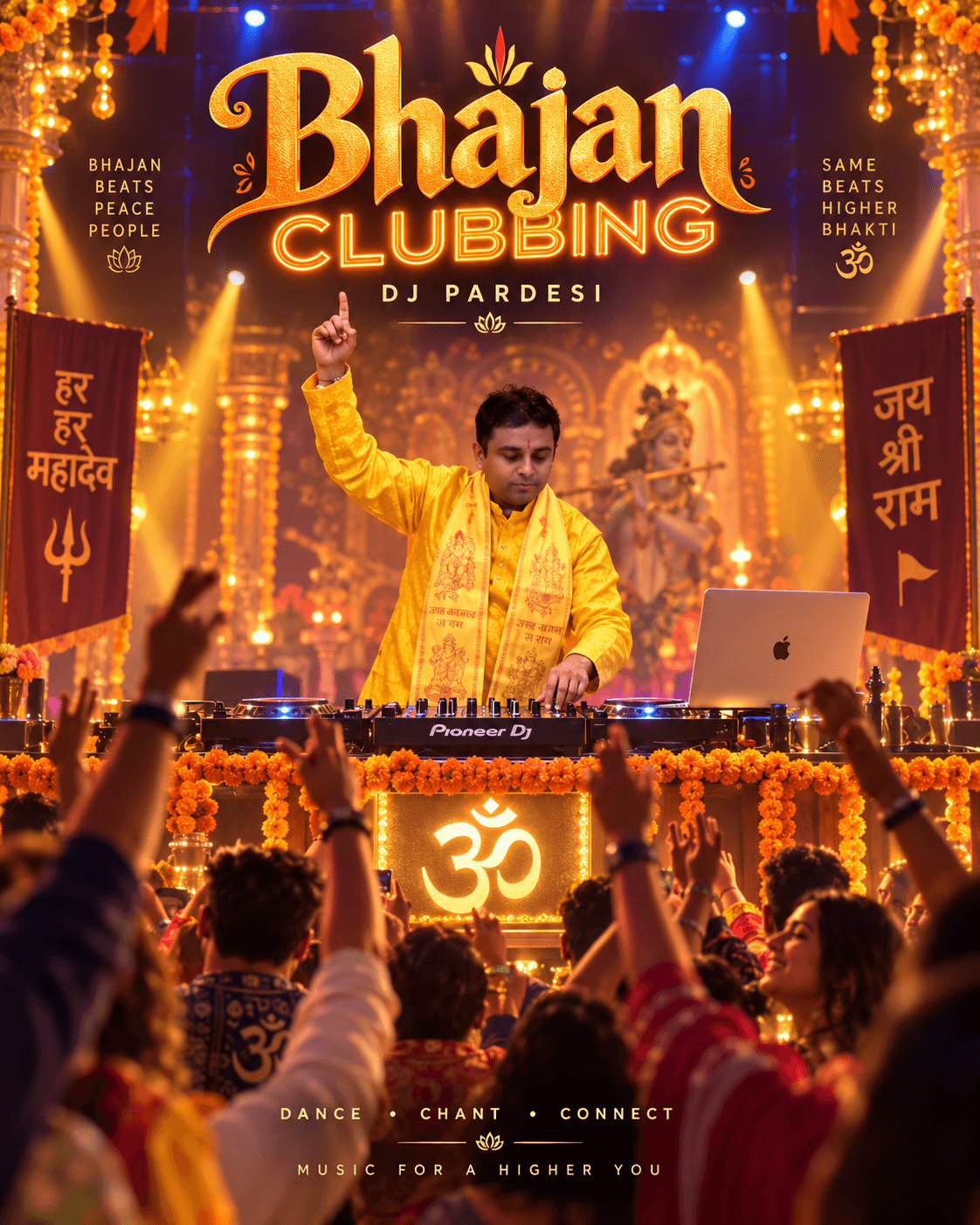 DJ Pardesi in yellow devotional attire performing at a marigold-decorated mixing console as a crowd dances beneath a Bhajan Clubbing sign.