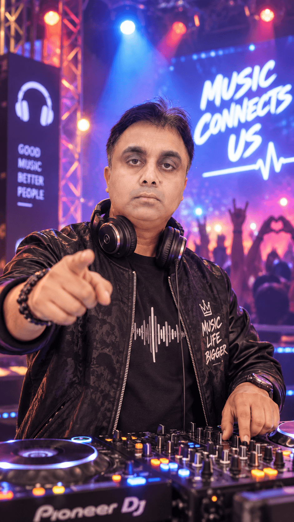DJ wearing headphones at a mixing console under colorful lights with a Music Connects Us sign.