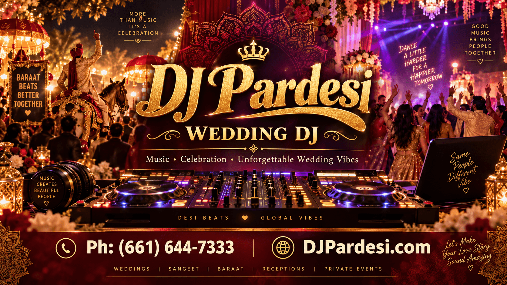DJ Pardesi Wedding DJ — music, celebration, and unforgettable wedding vibes. Weddings, sangeet, baraat, receptions, and private events. Call (661) 644-7333 or visit DJPardesi.com.