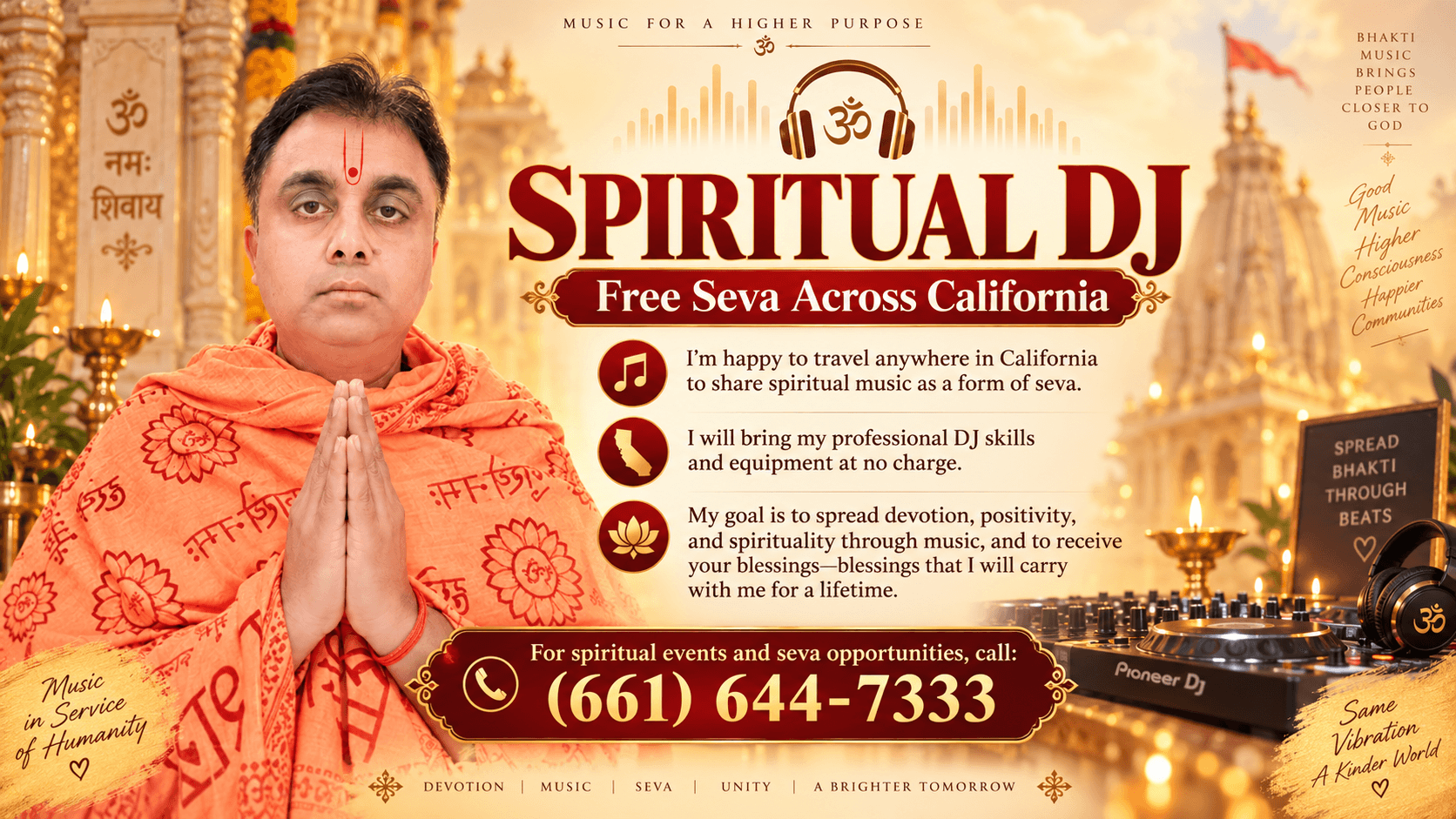 DJ Pardesi with hands joined in prayer at a temple. Spiritual DJ: free seva across California, with professional DJ skills and equipment at no charge. Call (661) 644-7333 for spiritual events and seva opportunities.