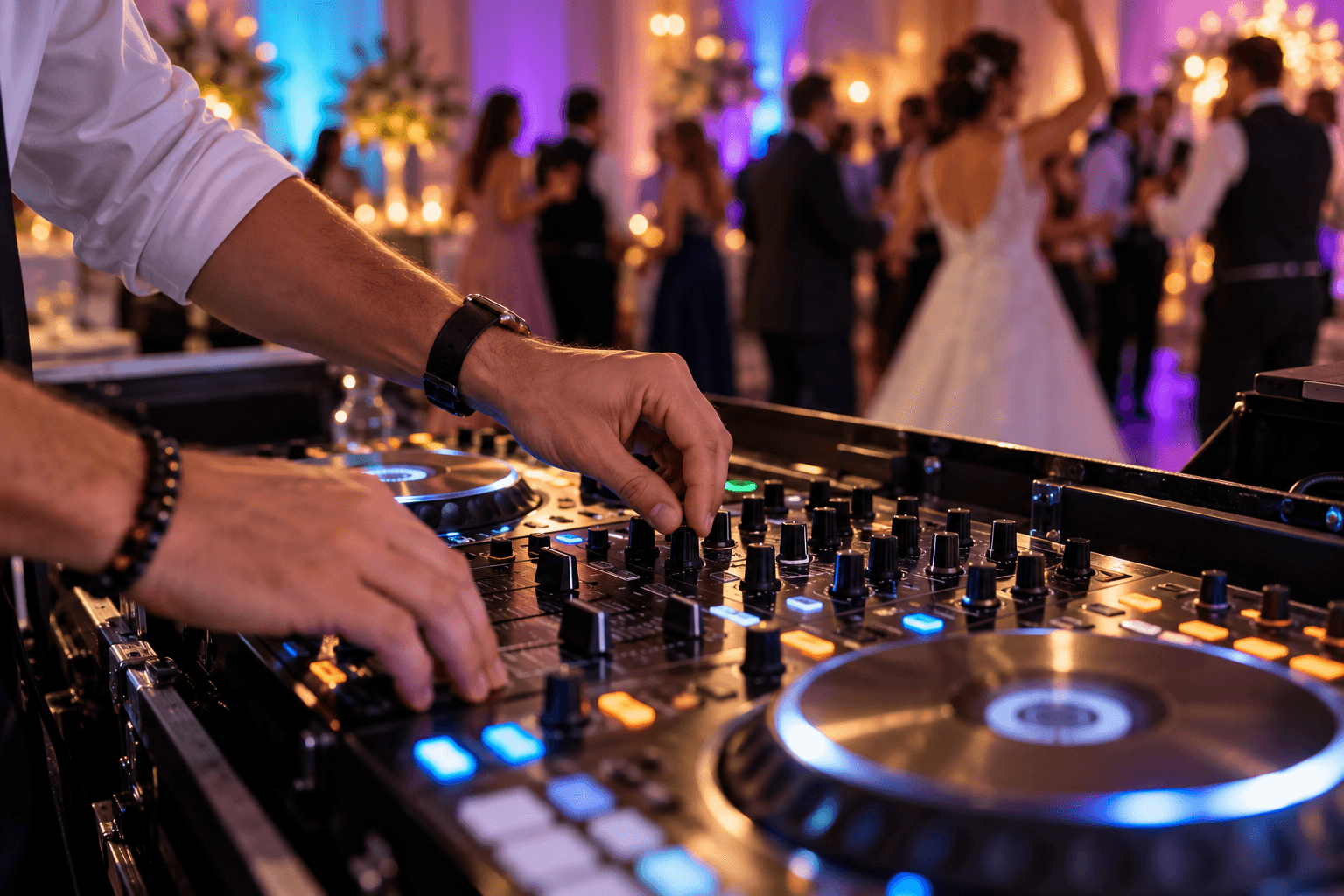 Close-up of a DJ’s hands on an illuminated mixing console, with wedding guests dancing in the background.