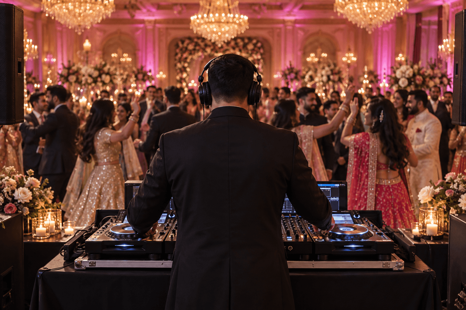 Faceless DJ viewed from behind, performing for wedding guests in a golden reception ballroom.