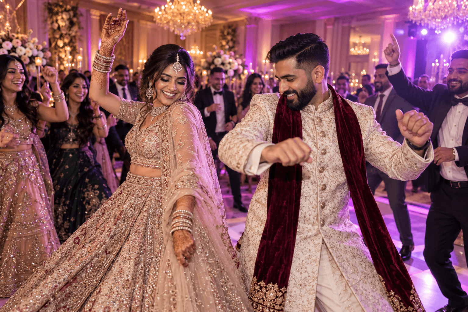 Wedding inspiration: a bride and groom dancing with guests under golden and pink reception lights.