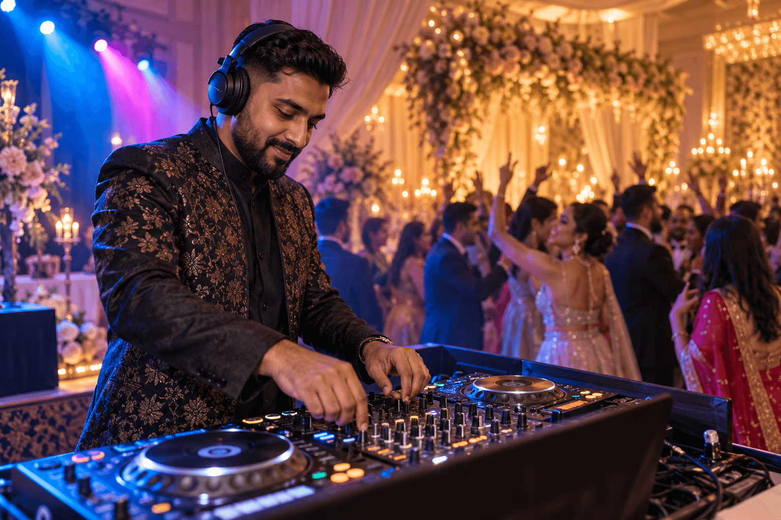 Wedding inspiration: a DJ at a mixing console with guests dancing in a warmly lit reception ballroom.